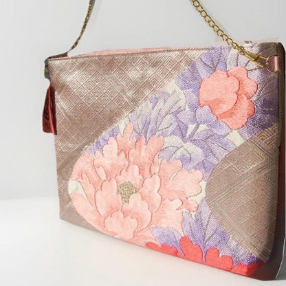 Vintage Fukuro Obi Shoulder Bag — Champagne Pink Peony Silk