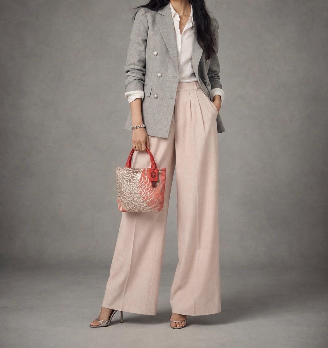 Rangiku 乱菊 Chrysanthemum Vintage Obi Silk Tote in Salmon Pink Silver