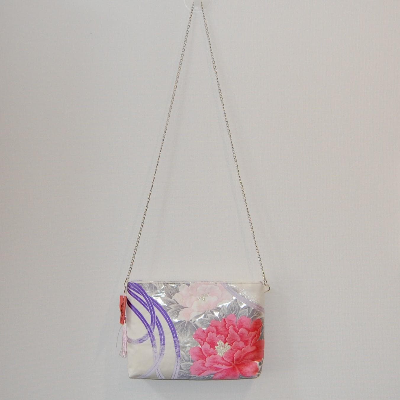 Vintage Fukuro Obi Shoulder Bag — Peony & Purple Flowing Line Silk