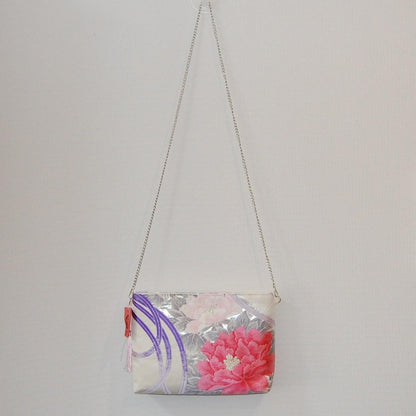 Vintage Fukuro Obi Shoulder Bag — Peony & Purple Flowing Line Silk
