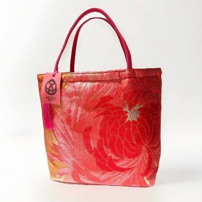 Rangiku 乱菊 Chrysanthemum Vintage Obi Silk Tote in Red Gold