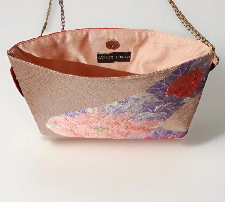 Vintage Fukuro Obi Shoulder Bag — Champagne Pink Peony Silk