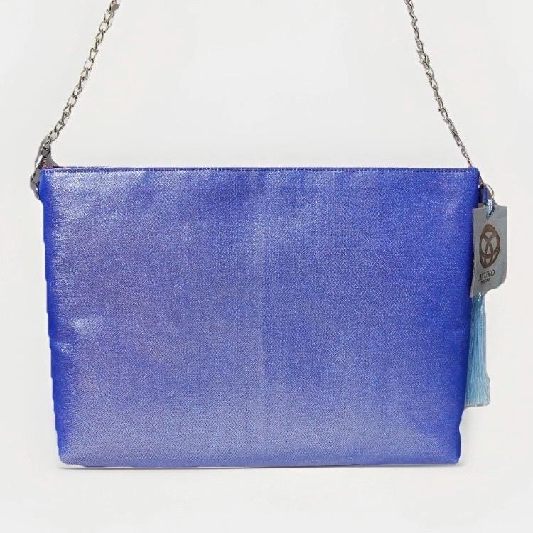 Vintage Fukuro Obi Shoulder Bag — Red & Pink Ran-Giku Chrysanthemum on Blue Silk