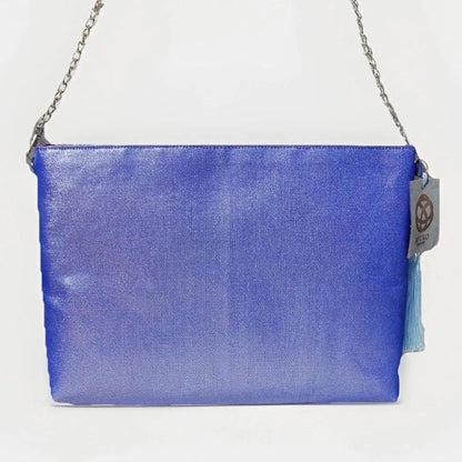 Vintage Fukuro Obi Shoulder Bag — Red & Pink Ran-Giku Chrysanthemum on Blue Silk