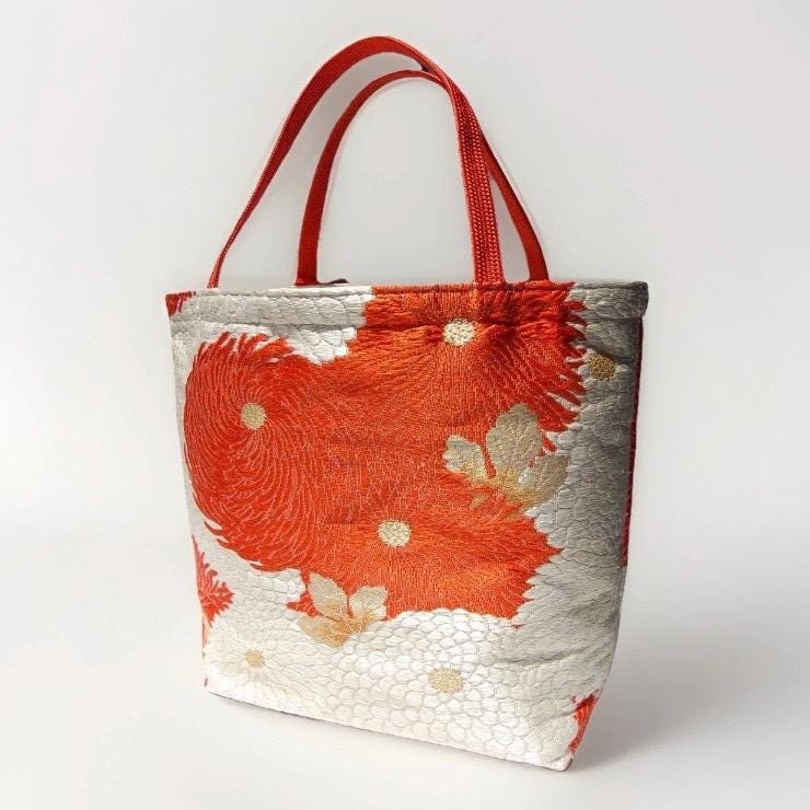Kiku-zukushi 菊尽くし Vintage Obi Silk Tote in Crimson White