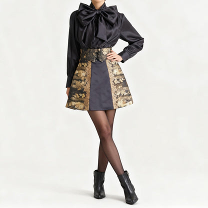 Vintage Obi Silk A-Line Mini Skirt in Dark Gold Floral