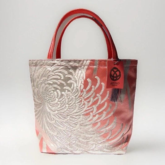 Rangiku 乱菊 Chrysanthemum Vintage Obi Silk Tote in Salmon Pink Silver