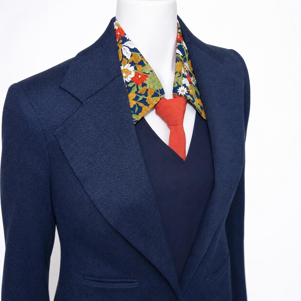 Vintage Kimono Silk Detachable Collar Tie — Navy Floral with Orange Accent