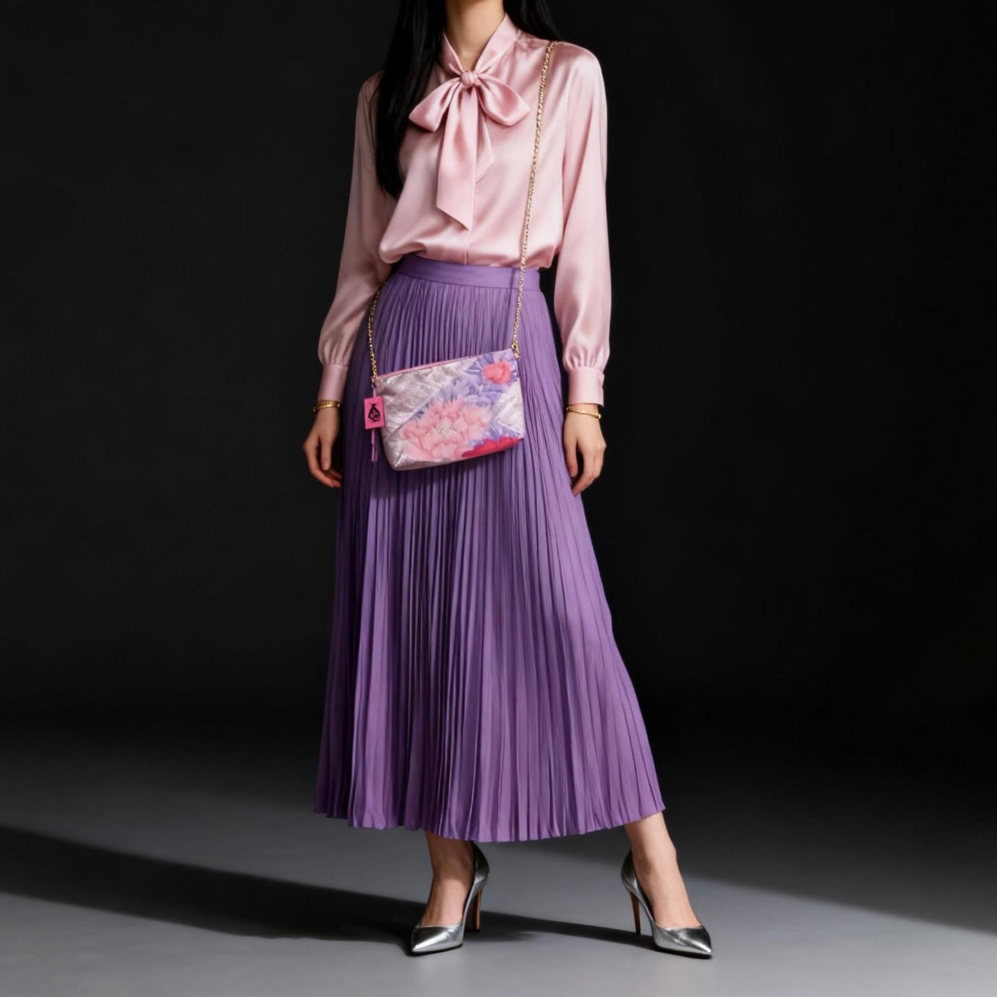 Vintage Fukuro Obi Shoulder Bag — Champagne Pink Peony Silk