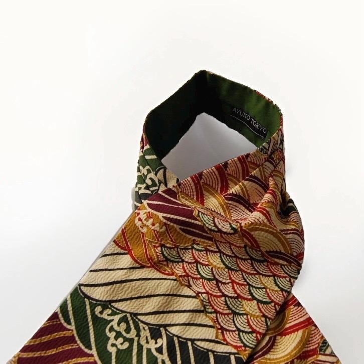 Vintage Obi Silk Cravat — Multicolor Arrow Feather & Wave Motifs 矢羽根立波文