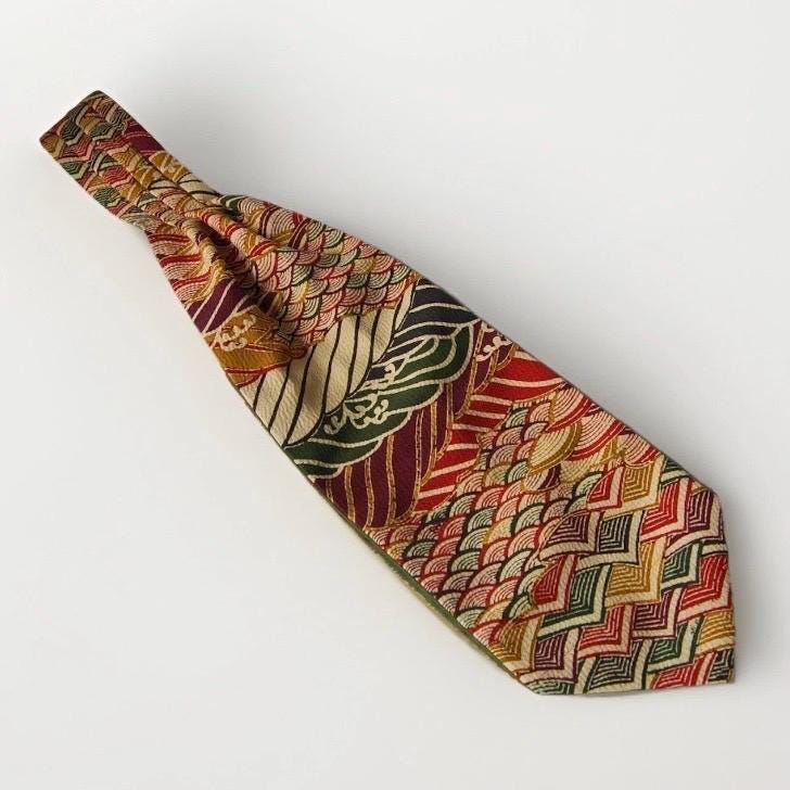 Vintage Obi Silk Cravat — Multicolor Arrow Feather & Wave Motifs 矢羽根立波文