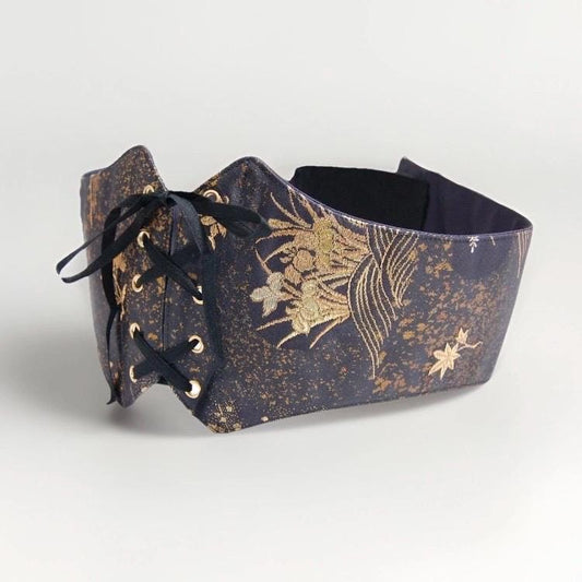 Vintage Fukuro Obi Corset Belt — Dark Purple & Gold Botanical Silk