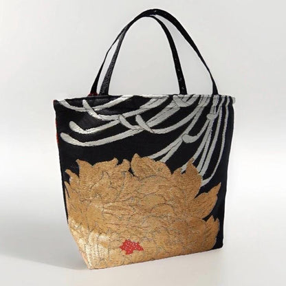 Vintage Fukuro Obi Mini Tote Bag — White & Gold Peony on Black Silk