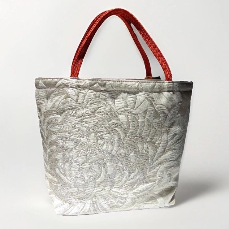 Rangiku 乱菊 Chrysanthemum Vintage Obi Silk Tote in Orange Silver