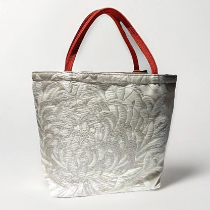 Rangiku 乱菊 Chrysanthemum Vintage Obi Silk Tote in Orange Silver