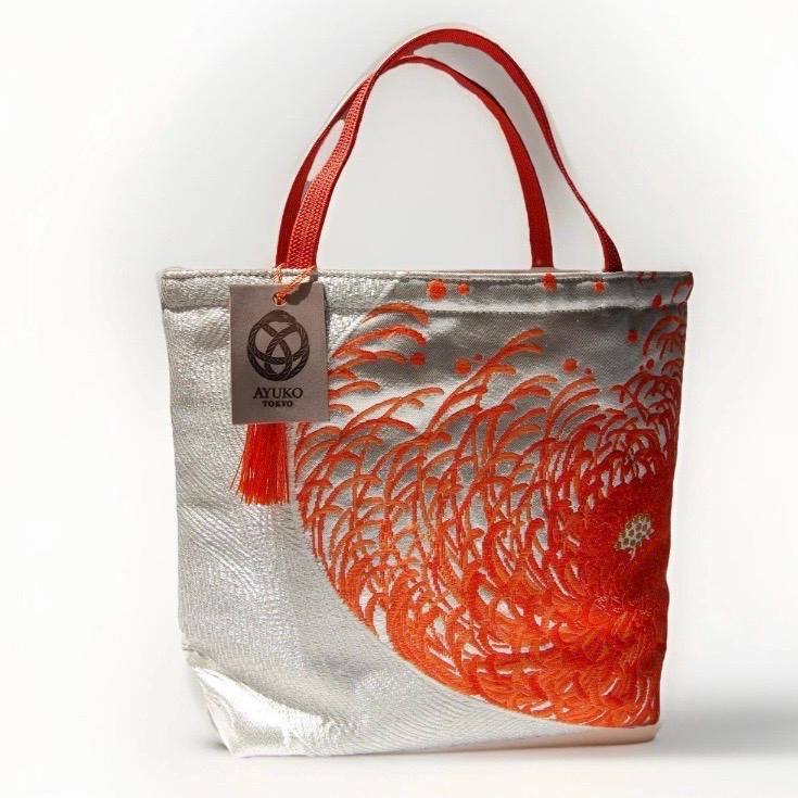 Rangiku 乱菊 Chrysanthemum Vintage Obi Silk Tote in Orange Silver