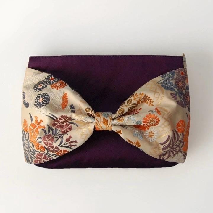 Vintage Fukuro Obi 2-Way Bow Bag — Deep Purple & Floral Silk