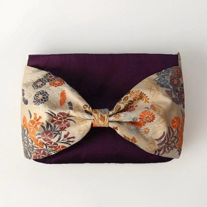 Vintage Fukuro Obi 2-Way Bow Bag — Deep Purple & Floral Silk