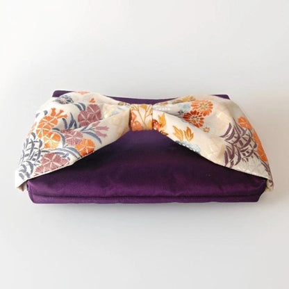 Vintage Fukuro Obi 2-Way Bow Bag — Deep Purple & Floral Silk