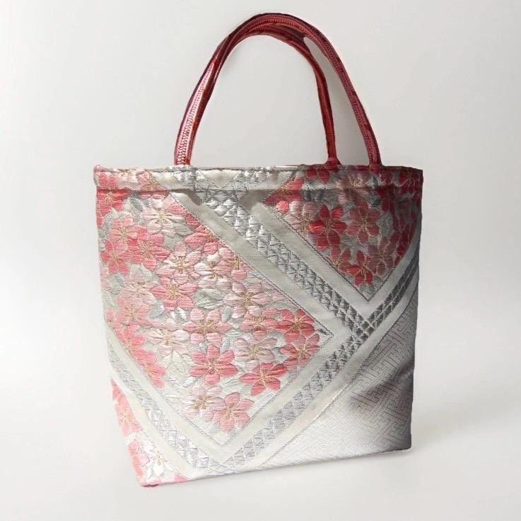 Vintage Fukuro Obi Mini Tote Bag — Pink Sakura on White & Silver Silk