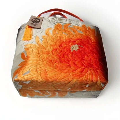 Rangiku 乱菊 Chrysanthemum Vintage Obi Silk Tote in Orange Silver