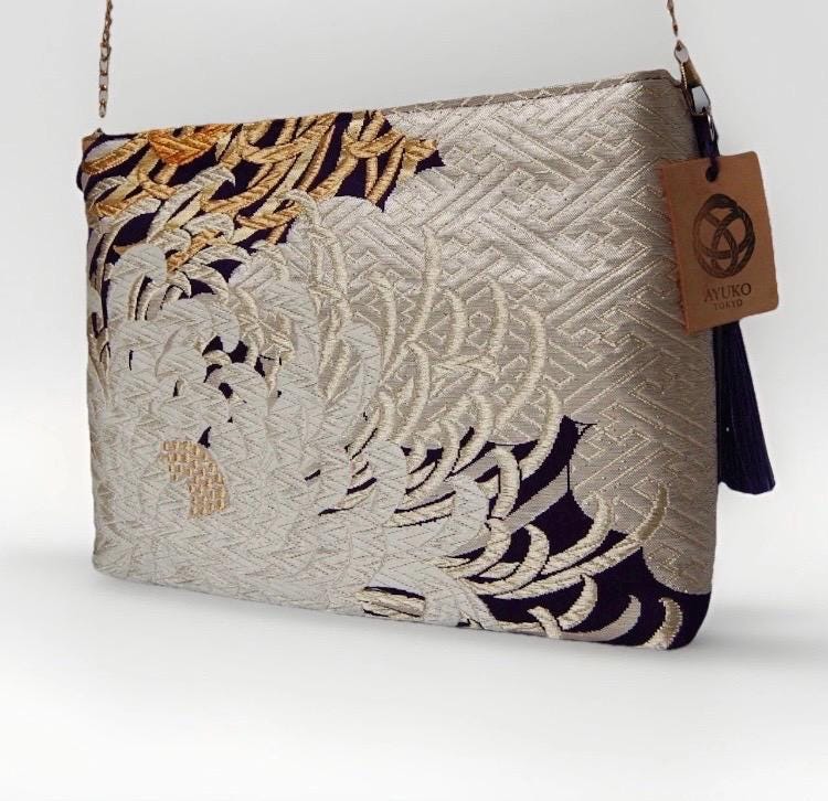 Vintage Fukuro Obi Shoulder Bag — Silver Ran-Giku Chrysanthemum Silk