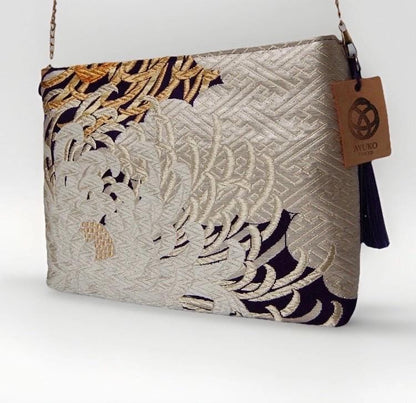 Vintage Fukuro Obi Shoulder Bag — Silver Ran-Giku Chrysanthemum Silk