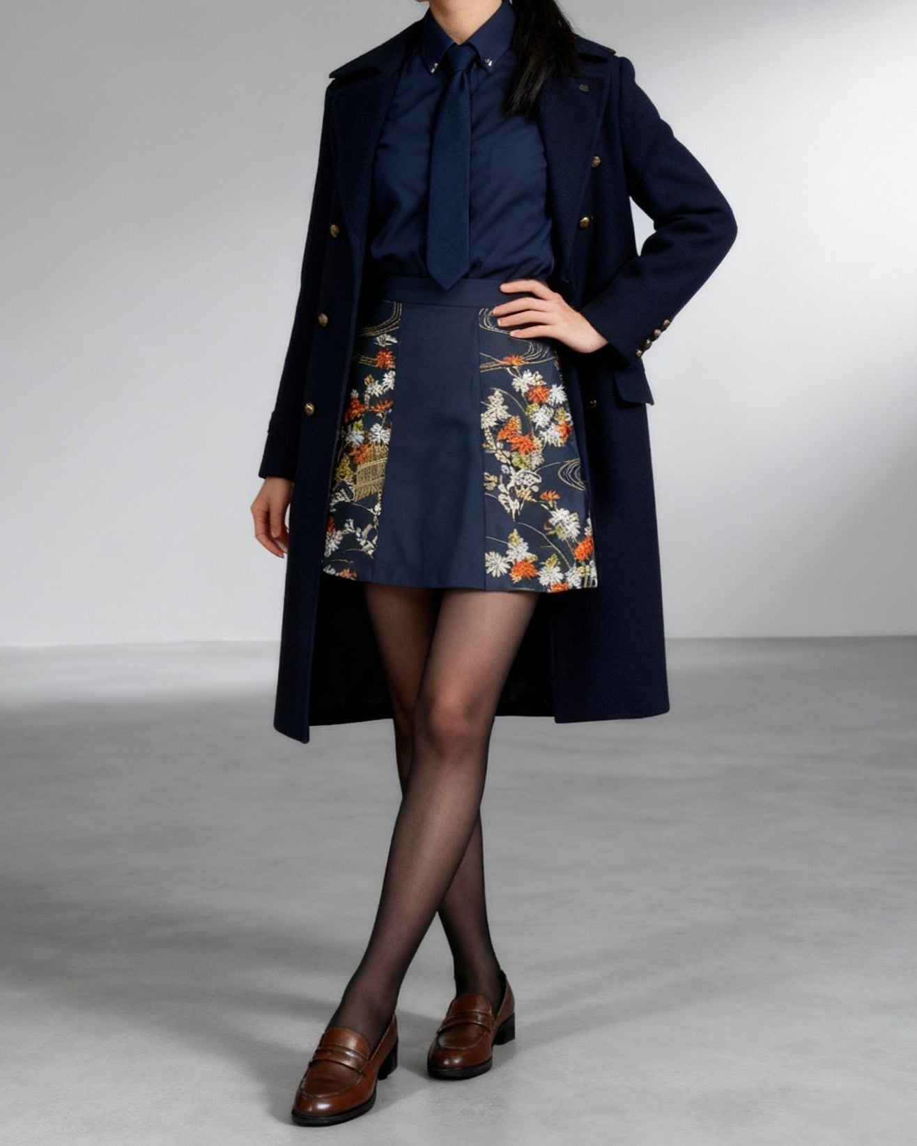 Vintage Obi Silk A-Line Mini Skirt in Navy Chrysanthemum