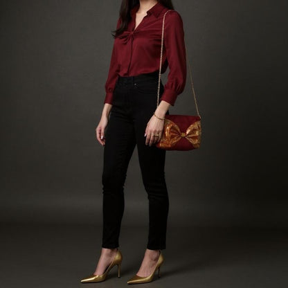 Vintage Fukuro Obi 2-Way Bow Bag — Red & Gold Autumn SilkProduct