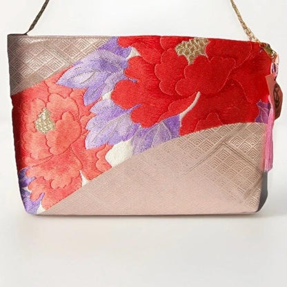 Vintage Fukuro Obi Shoulder Bag — Champagne Pink Peony Silk