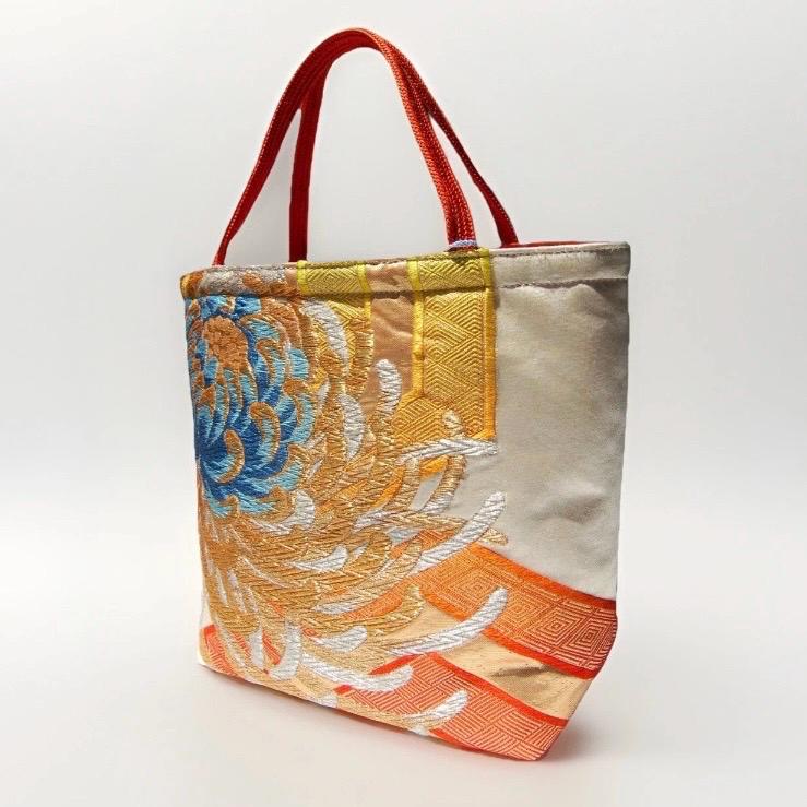 Two-Sided Rangiku 乱菊 Vintage Obi Silk Tote in Purple White Silver