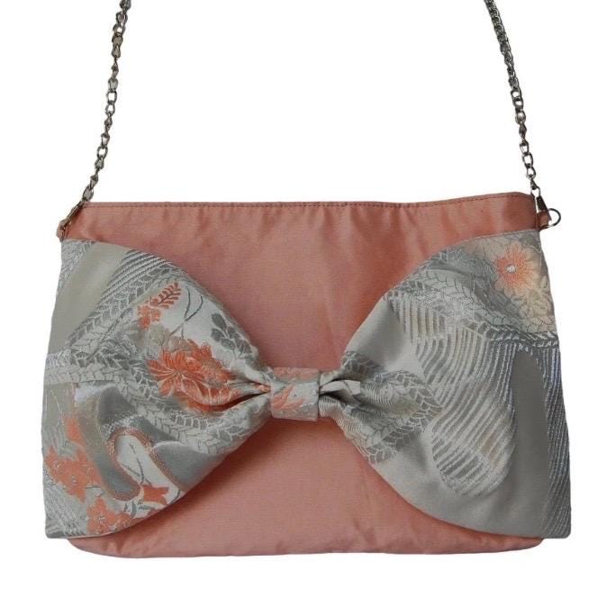 Vintage Fukuro Obi 2-Way Bow Bag — Peach Pink & Silver Silk