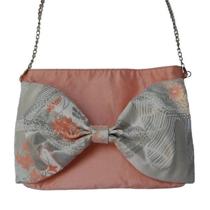 Vintage Fukuro Obi 2-Way Bow Bag — Peach Pink & Silver Silk