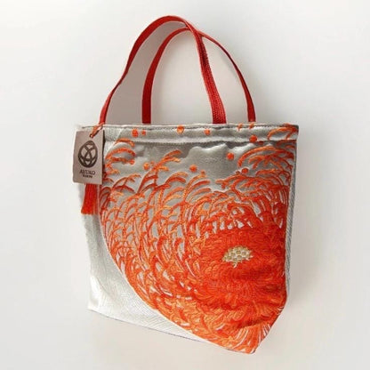Rangiku 乱菊 Chrysanthemum Vintage Obi Silk Tote in Orange Silver