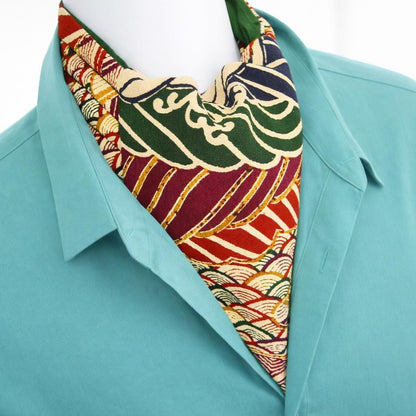 Vintage Obi Silk Cravat — Multicolor Arrow Feather & Wave Motifs 矢羽根立波文