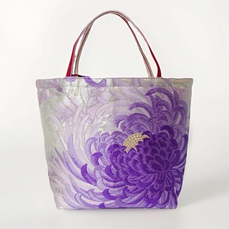 Rangiku 乱菊 Chrysanthemum Vintage Obi Silk Tote in Purple Silver