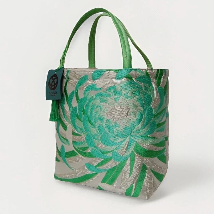 Rangiku 乱菊 Chrysanthemum Vintage Obi Silk Tote in Mint Silver