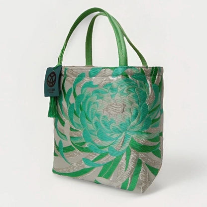 Rangiku 乱菊 Chrysanthemum Vintage Obi Silk Tote in Mint Silver
