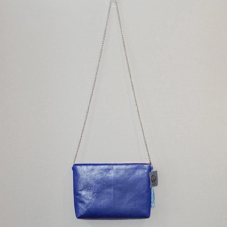 Vintage Fukuro Obi Shoulder Bag — Red & Pink Ran-Giku Chrysanthemum on Blue Silk