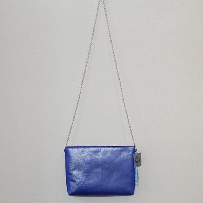 Vintage Fukuro Obi Shoulder Bag — Red & Pink Ran-Giku Chrysanthemum on Blue Silk