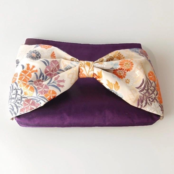 Vintage Fukuro Obi 2-Way Bow Bag — Deep Purple & Floral Silk