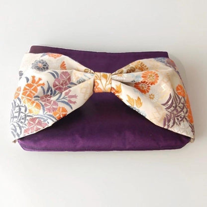Vintage Fukuro Obi 2-Way Bow Bag — Deep Purple & Floral Silk