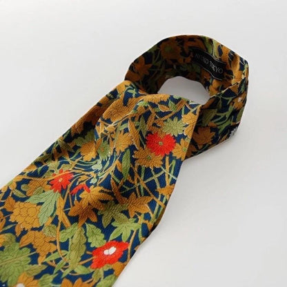 Vintage Komon Kimono Silk Cravat — Botanical Chrysanthemum & Maple 草花文