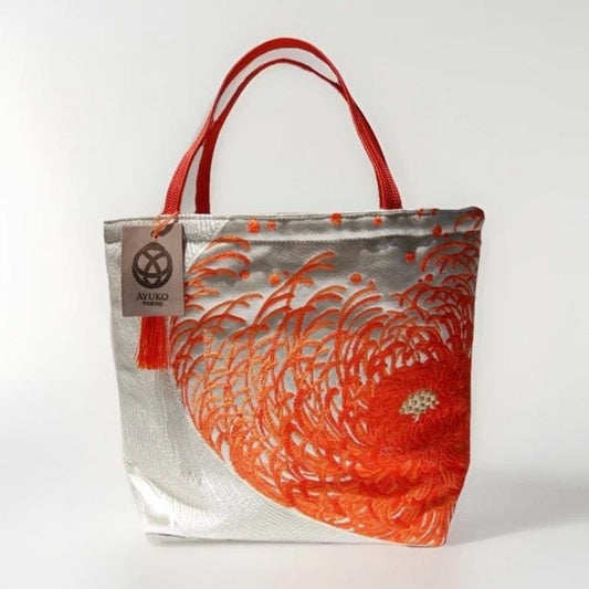 Rangiku 乱菊 Chrysanthemum Vintage Obi Silk Tote in Orange Silver