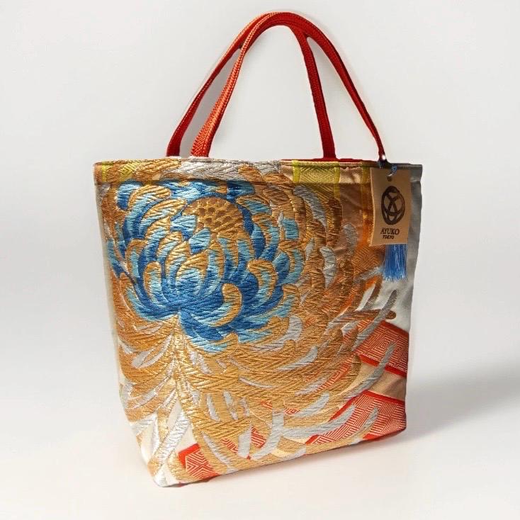 Two-Sided Rangiku 乱菊 Vintage Obi Silk Tote in Purple White Silver