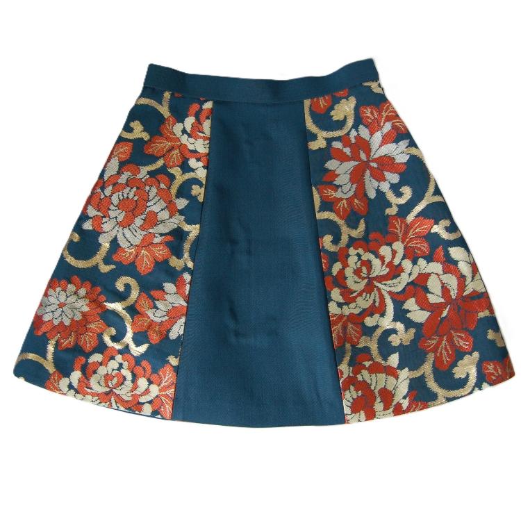 Vintage Obi A-Line Mini Skirt in Teal Orange Ran-giku
