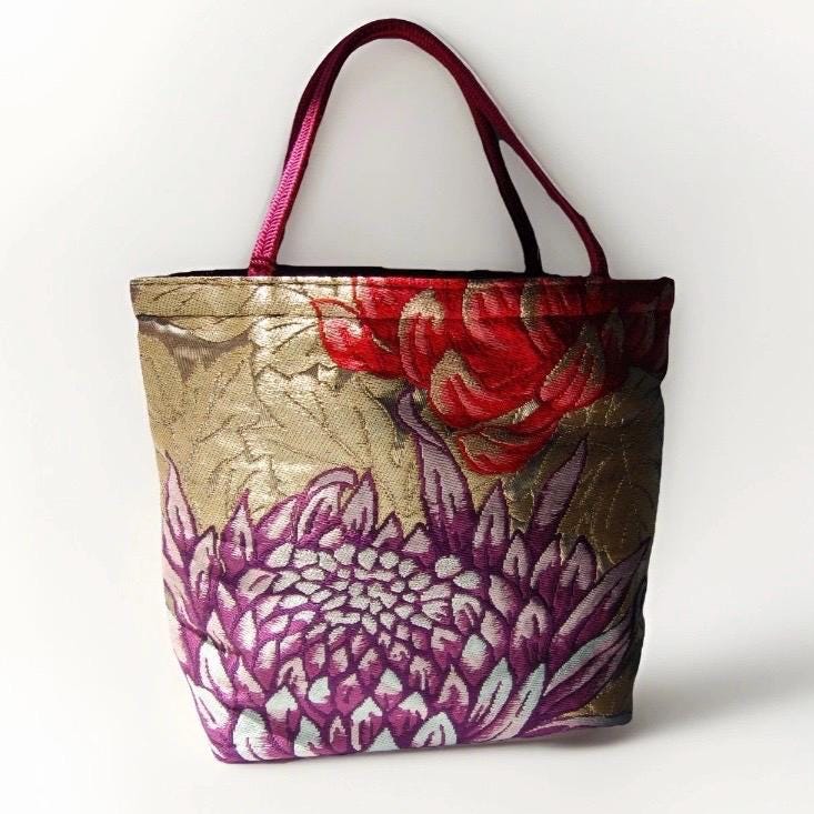 Rangiku 乱菊 Chrysanthemum Vintage Obi Silk Tote in Purple Gold