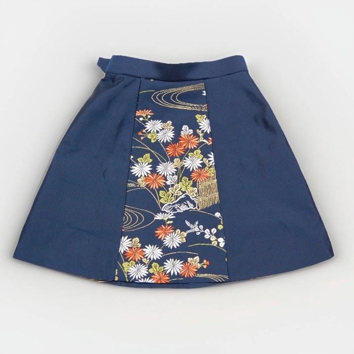 Vintage Obi Silk A-Line Mini Skirt in Navy Chrysanthemum