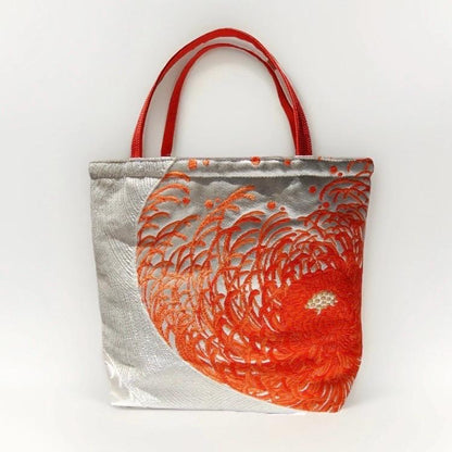 Rangiku 乱菊 Chrysanthemum Vintage Obi Silk Tote in Orange Silver