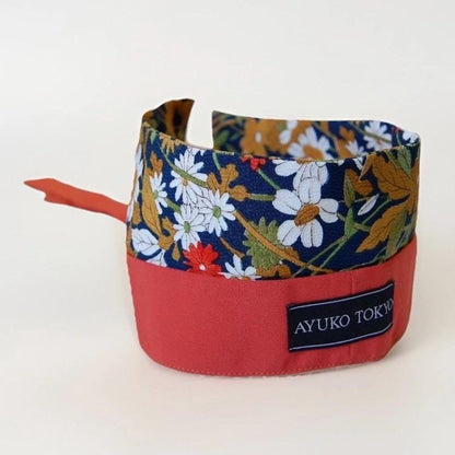 Vintage Kimono Silk Detachable Collar Tie — Navy Floral with Orange Accent